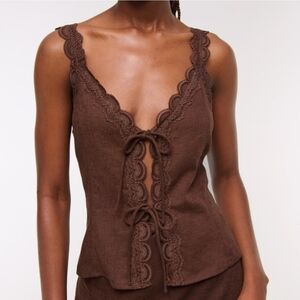 Abercrombie & Fitch Chocolate Brown Lace-Trim Tie-Front Tank